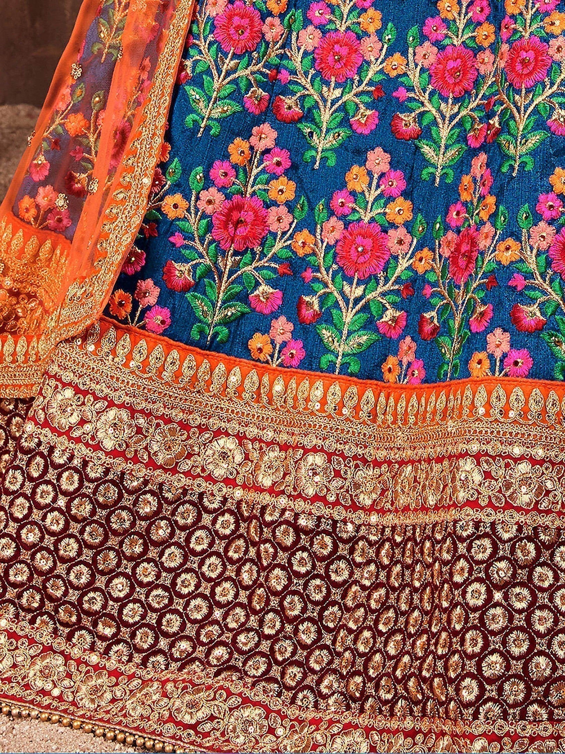Flamboyant Blue-Red Colored Bridal wear Embroidered Lehenga Choli - Zeel Clothing