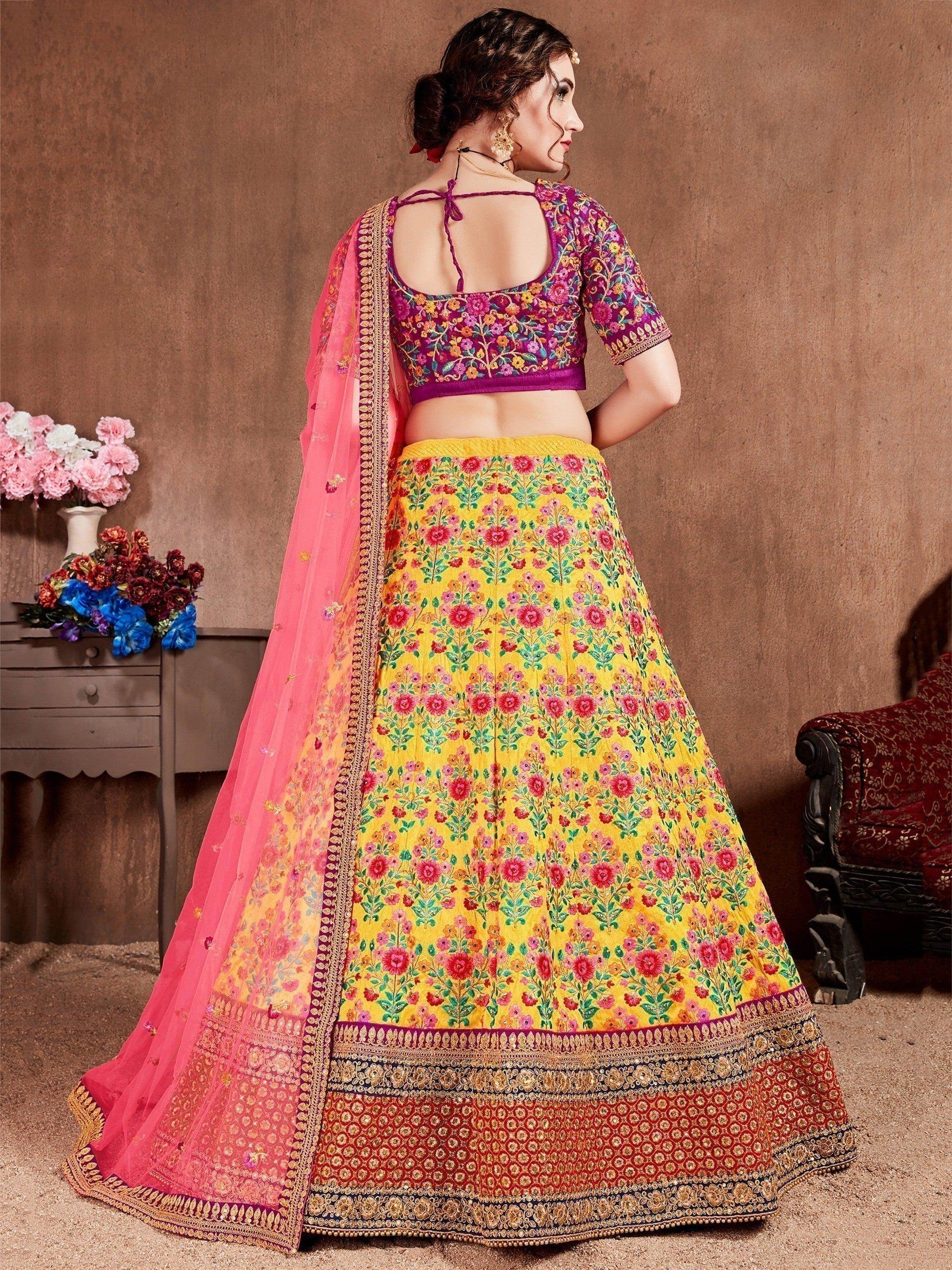 Flamboyant Yellow-Pink Colored Bridal wear Embroidered Lehenga Choli - Zeel Clothing