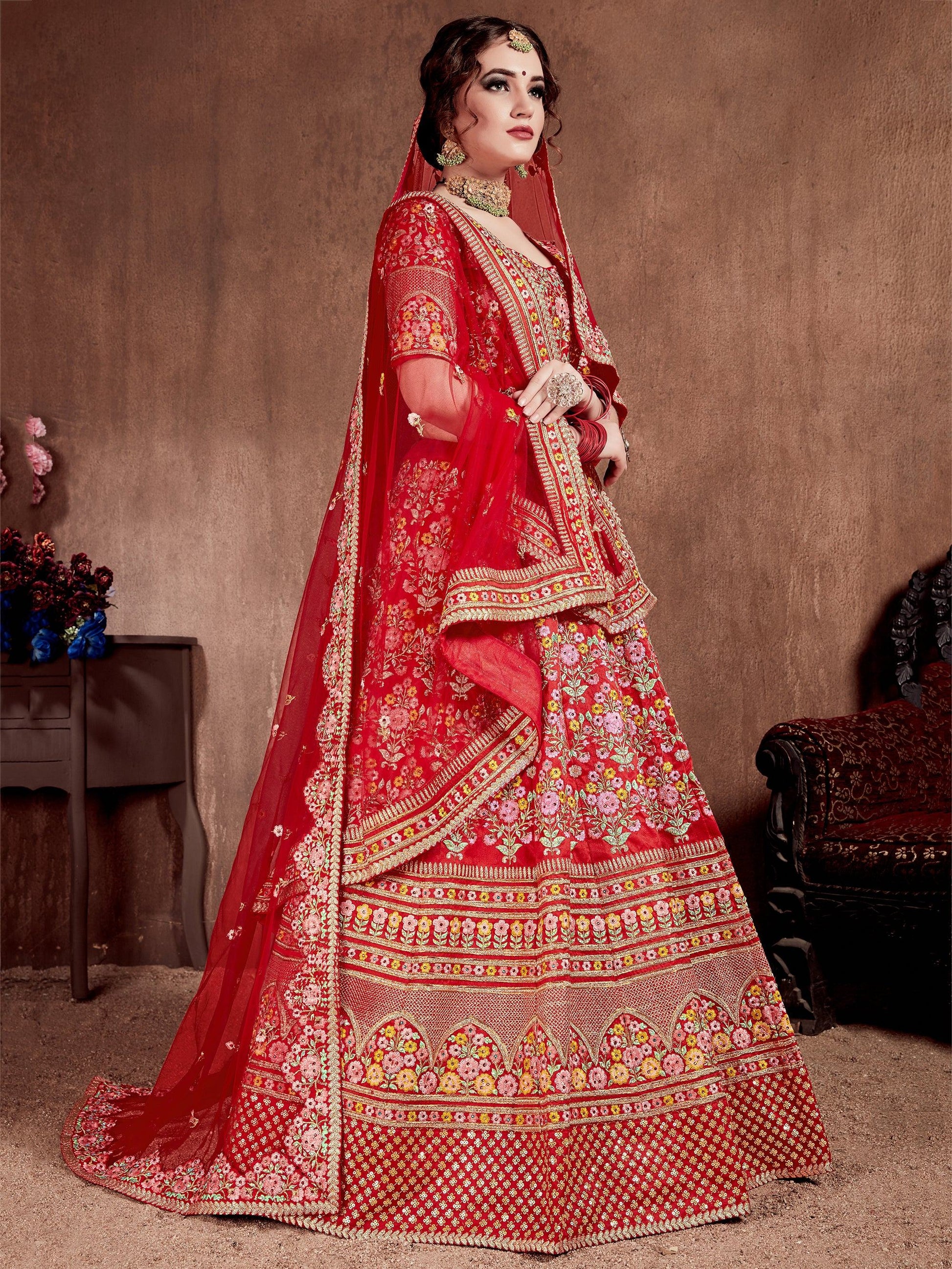 Flattering Red Colored Designer Bridal wear Embroidered Lehenga Choli - Zeel Clothing