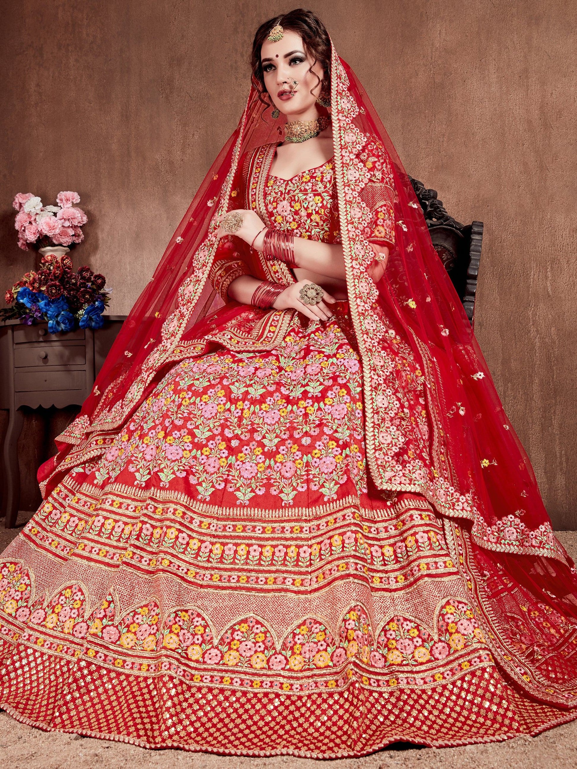 Flattering Red Colored Designer Bridal wear Embroidered Lehenga Choli - Zeel Clothing