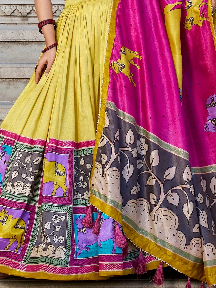 Floaty Mustard Yellow Kalamkari Print Tussar Silk Traditional Lehenga Choli - Zeel Clothing