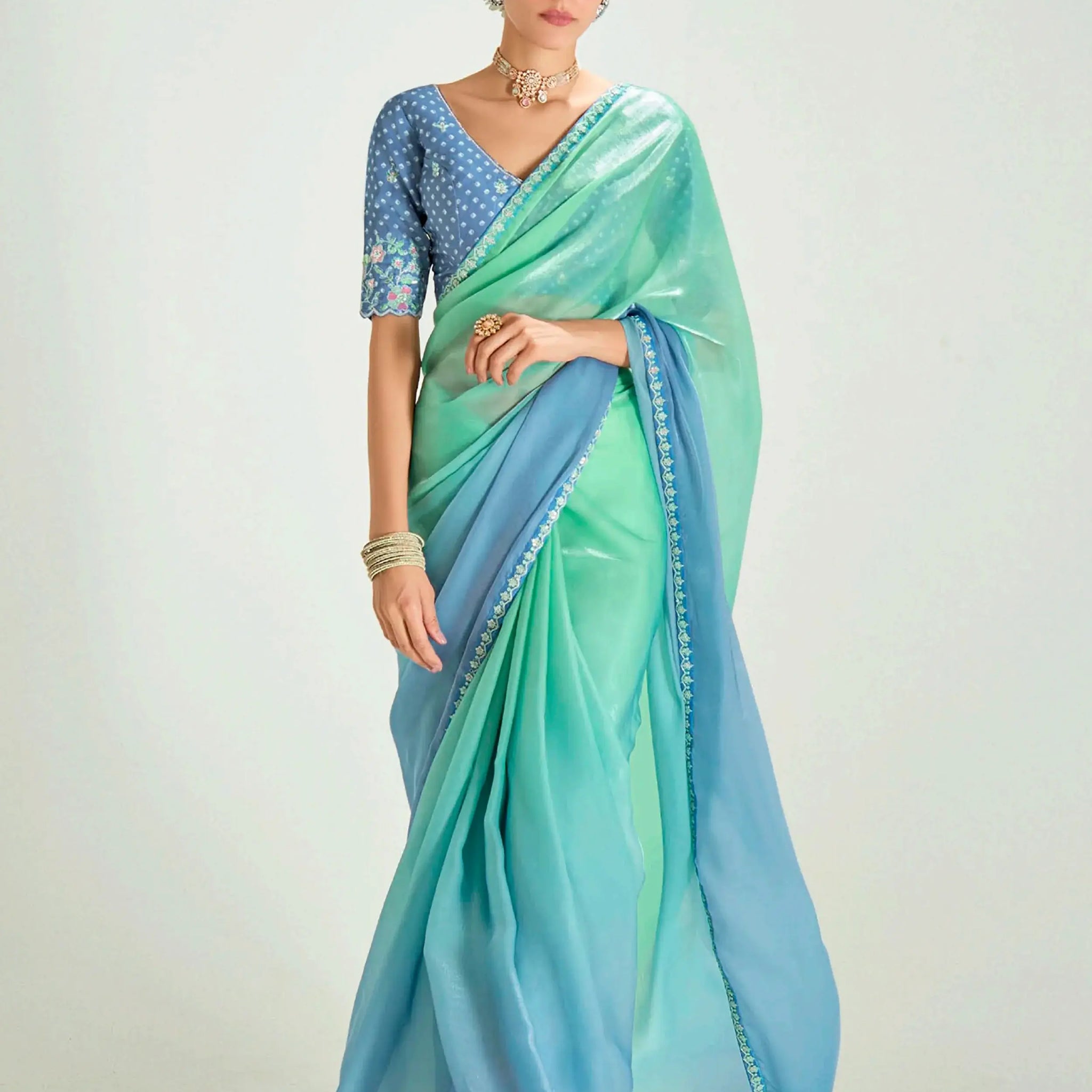 Floaty Sea Green Border Work Organza Festive Wear Saree With Blouse - Zeel Clothing