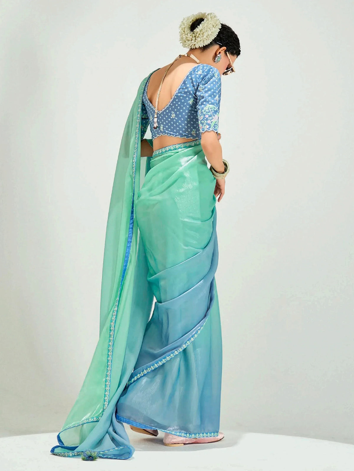 Floaty Sea Green Border Work Organza Festive Wear Saree With Blouse - Zeel Clothing