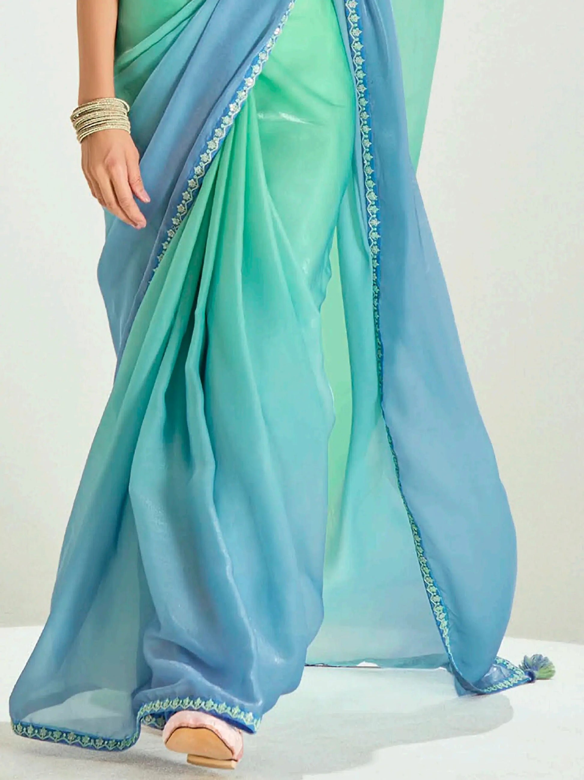 Floaty Sea Green Border Work Organza Festive Wear Saree With Blouse - Zeel Clothing