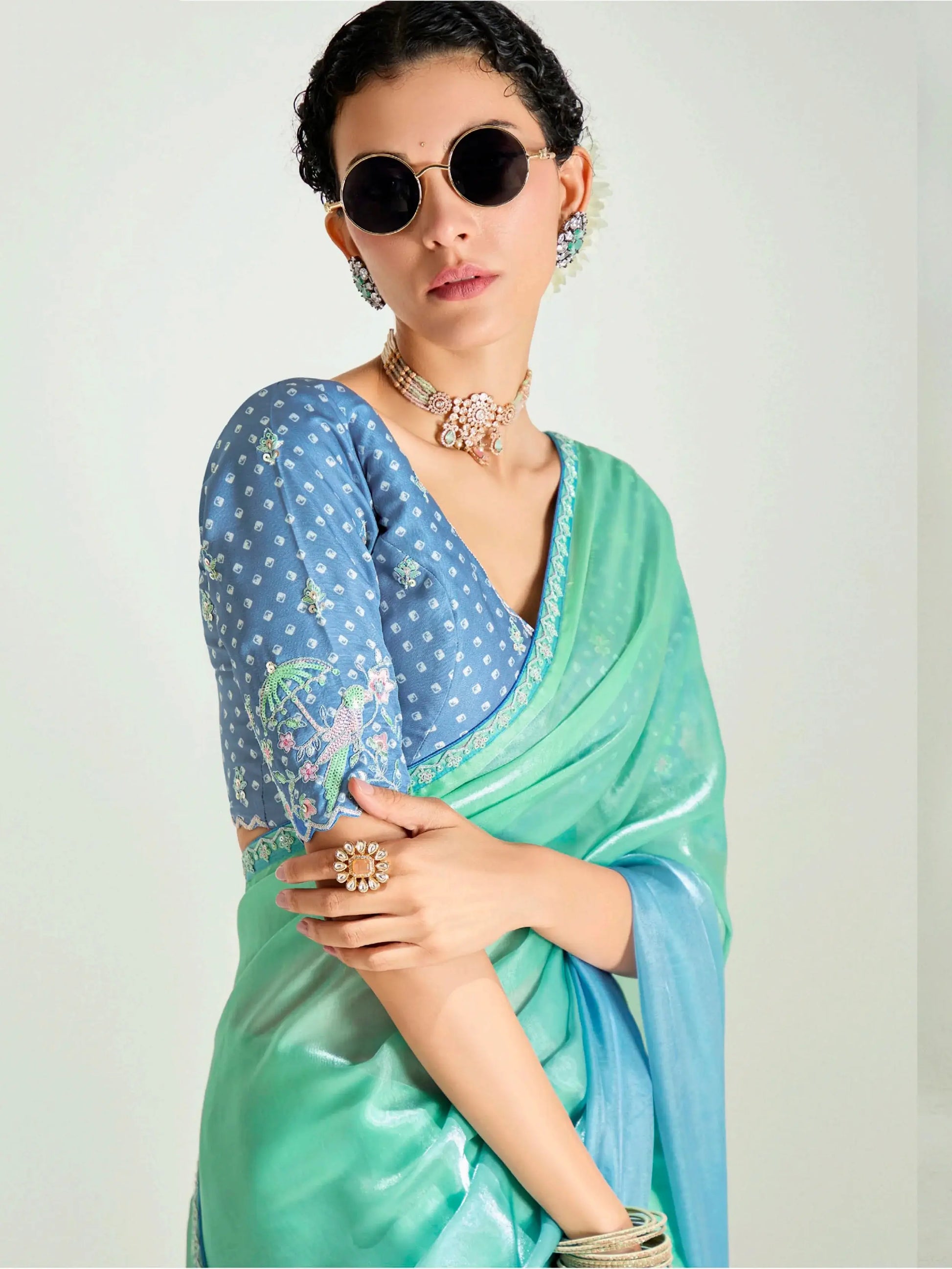Floaty Sea Green Border Work Organza Festive Wear Saree With Blouse - Zeel Clothing