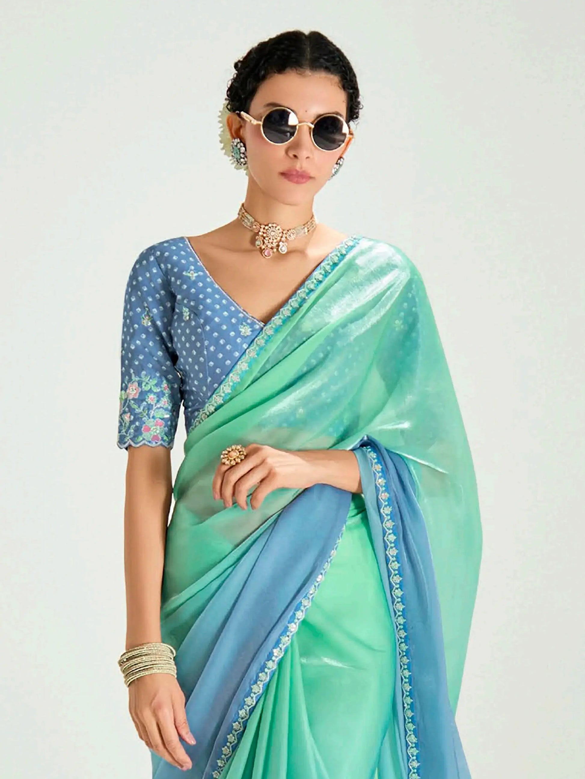 Floaty Sea Green Border Work Organza Festive Wear Saree With Blouse - Zeel Clothing