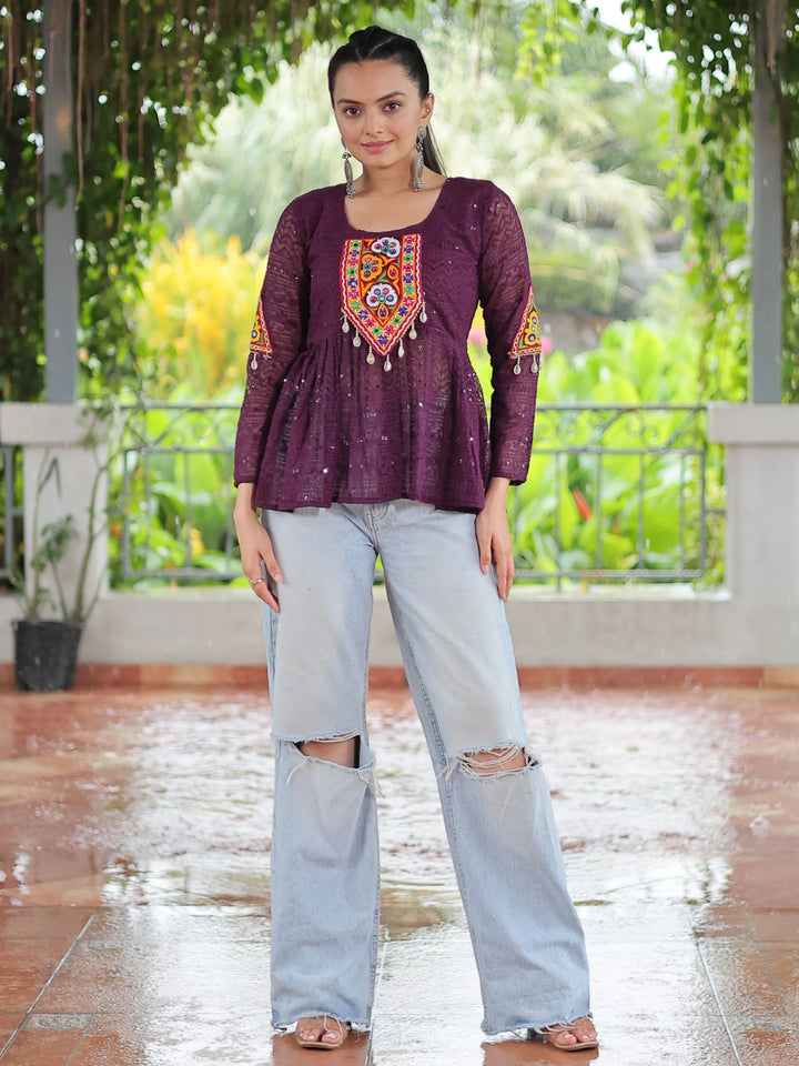 Floaty Wine Gamthi Work Georgette Navratri Wear Peplum Style Top - Zeel Clothing