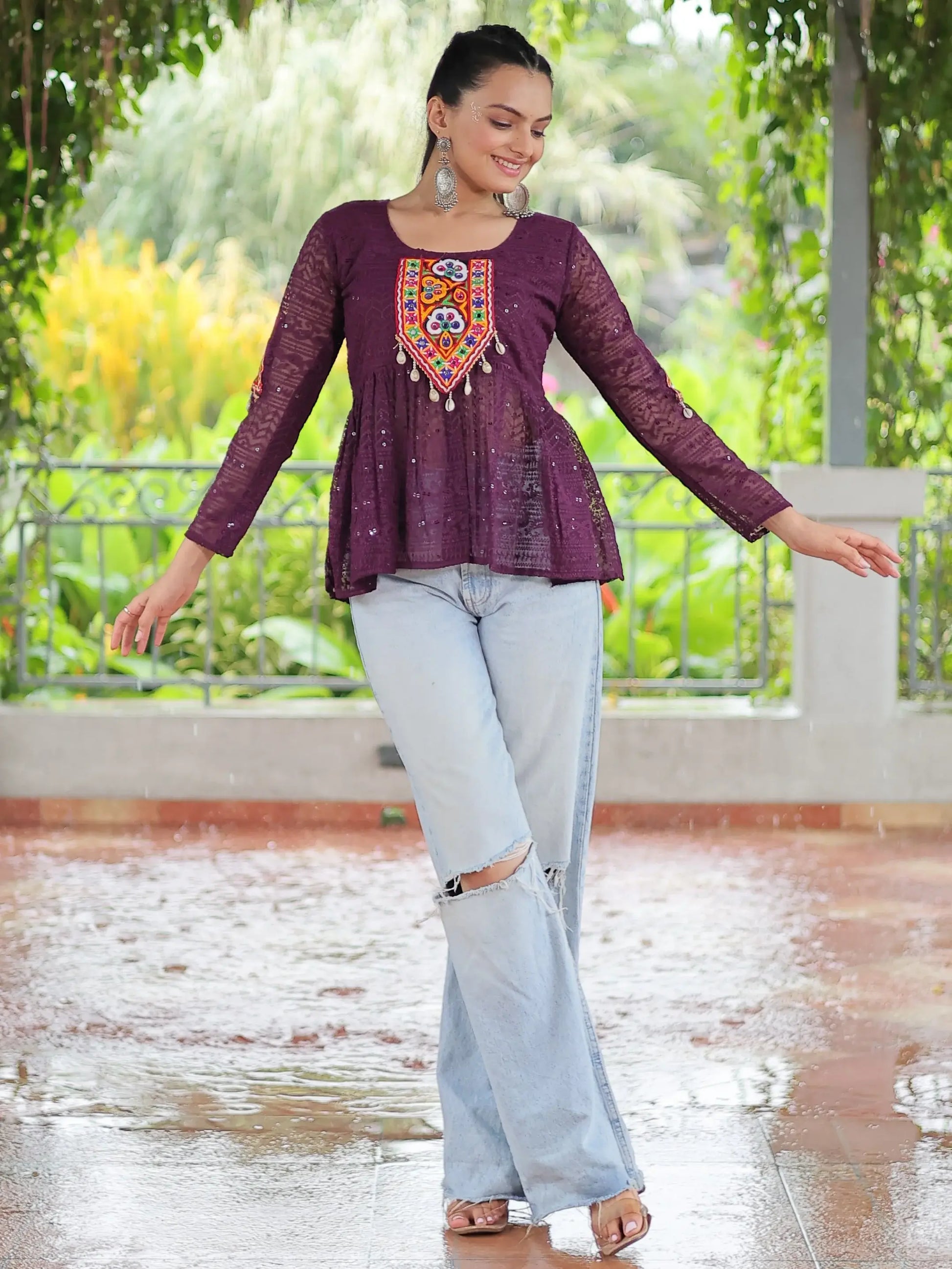 Floaty Wine Gamthi Work Georgette Navratri Wear Peplum Style Top - Zeel Clothing