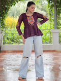 Floaty Wine Gamthi Work Georgette Navratri Wear Peplum Style Top - Zeel Clothing