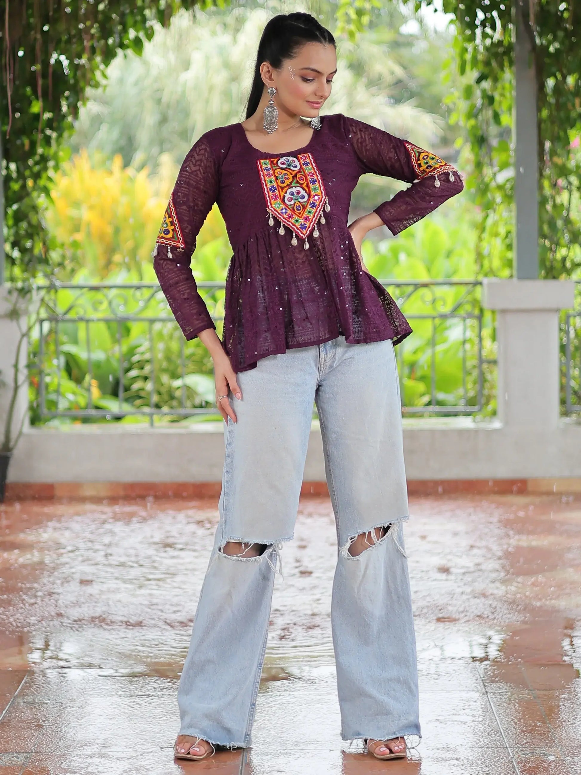 Floaty Wine Gamthi Work Georgette Navratri Wear Peplum Style Top - Zeel Clothing