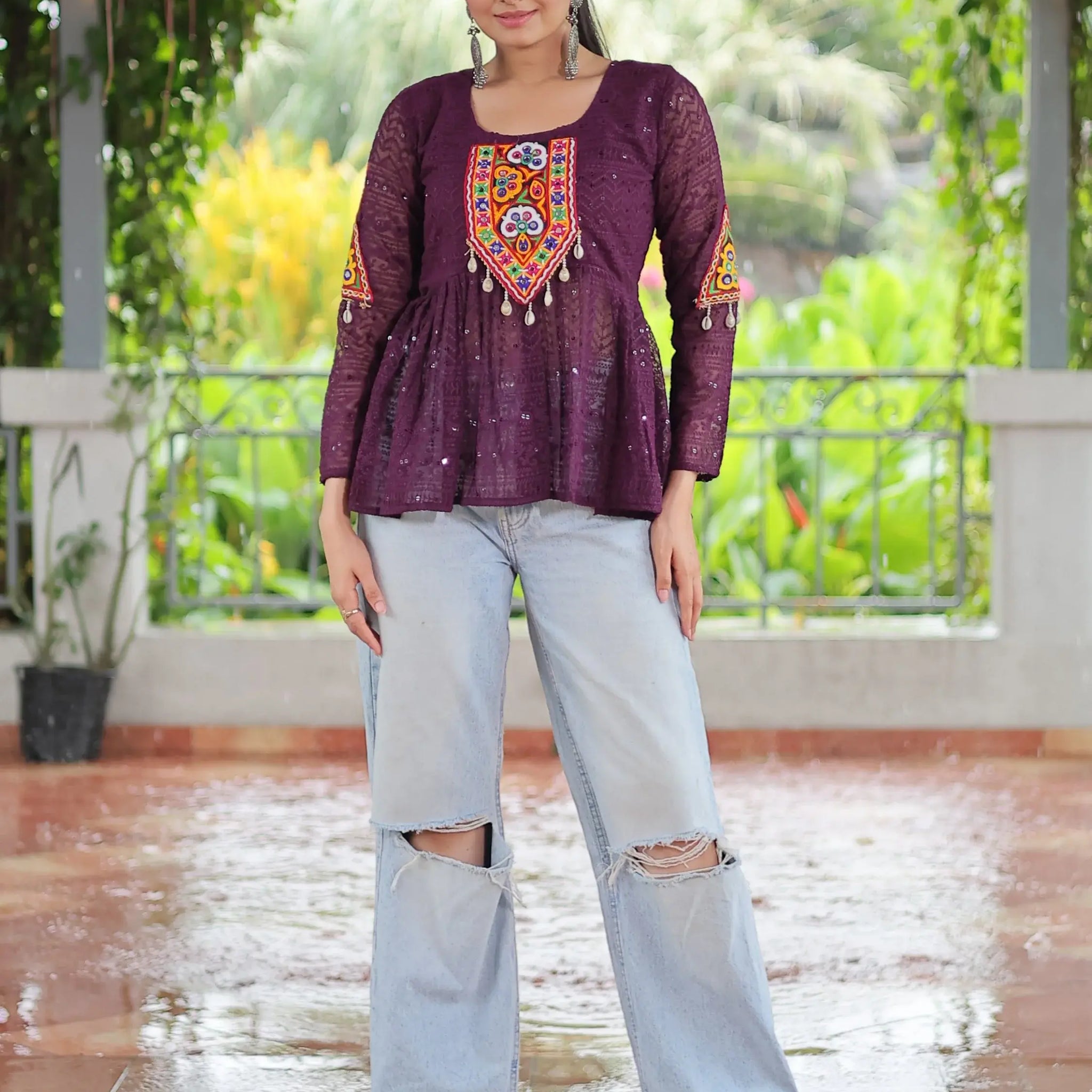 Floaty Wine Gamthi Work Georgette Navratri Wear Peplum Style Top - Zeel Clothing
