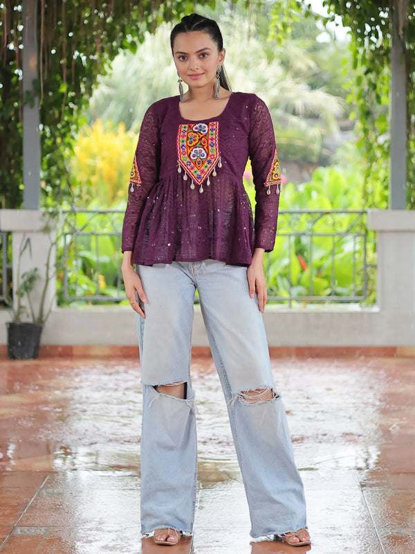 Floaty Wine Gamthi Work Georgette Navratri Wear Peplum Style Top - Zeel Clothing
