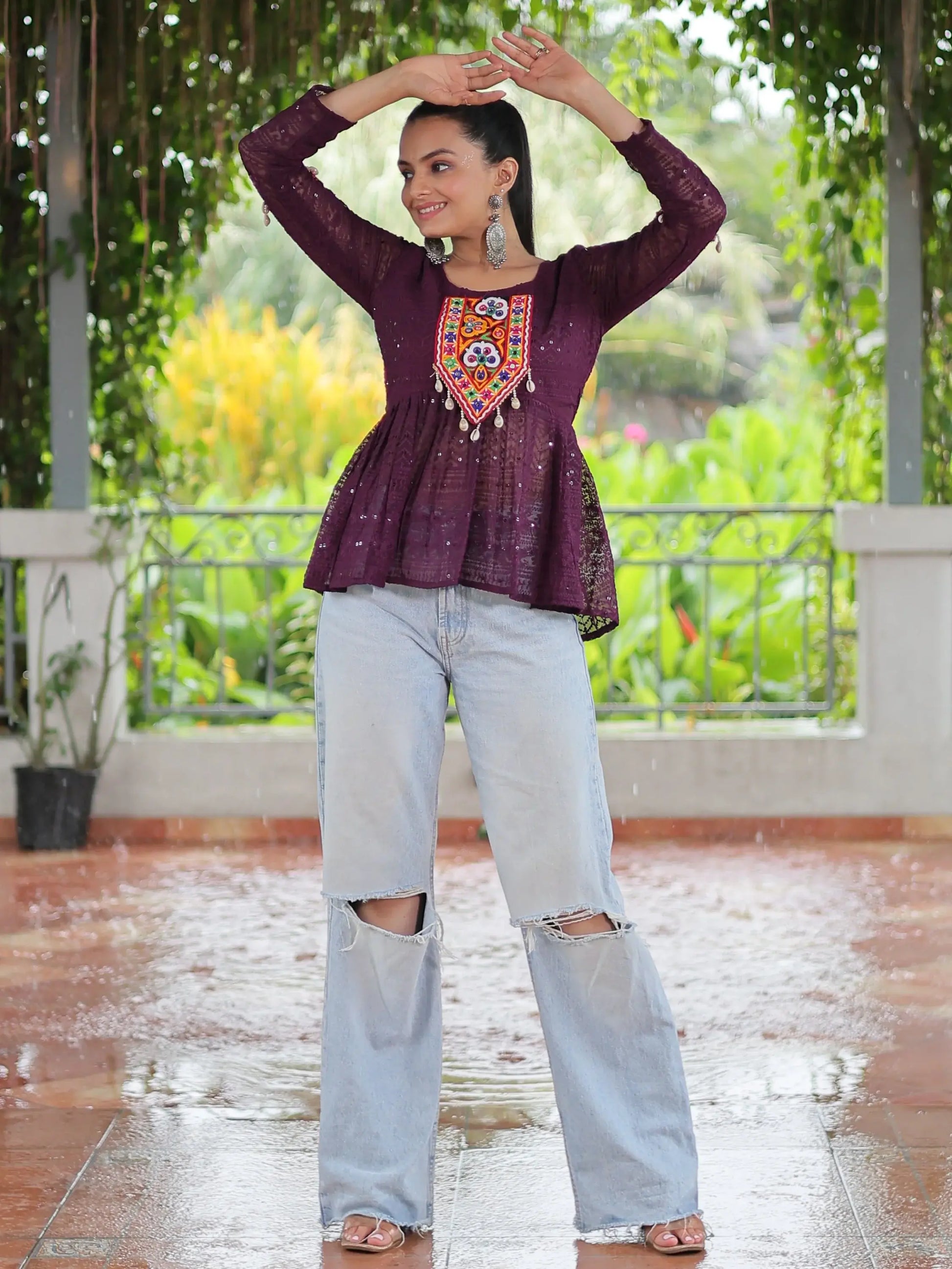 Floaty Wine Gamthi Work Georgette Navratri Wear Peplum Style Top - Zeel Clothing