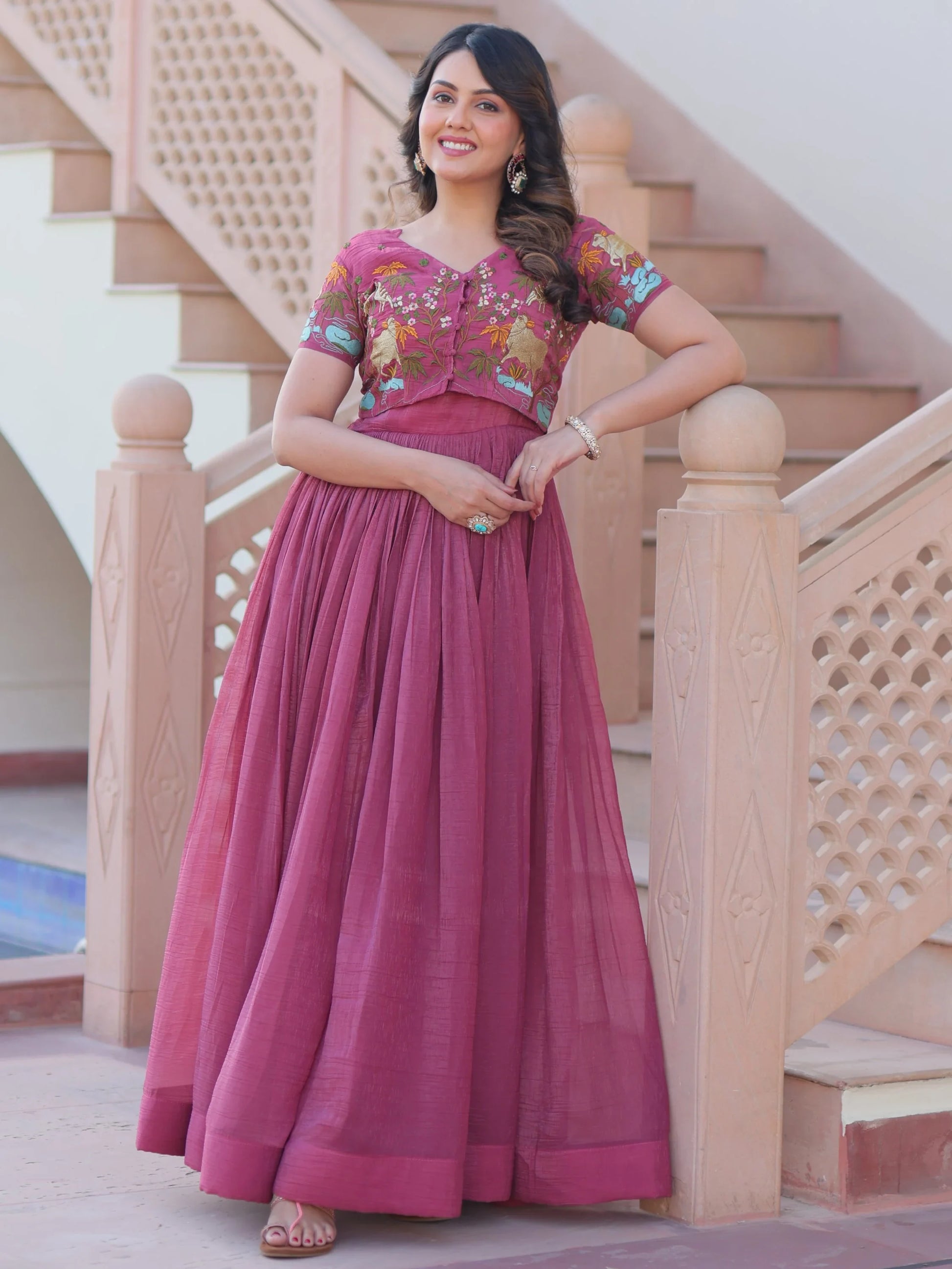 Floaty Wine Multi Thread Work Organza Festive Wear Gown With Koti - Zeel Clothing
