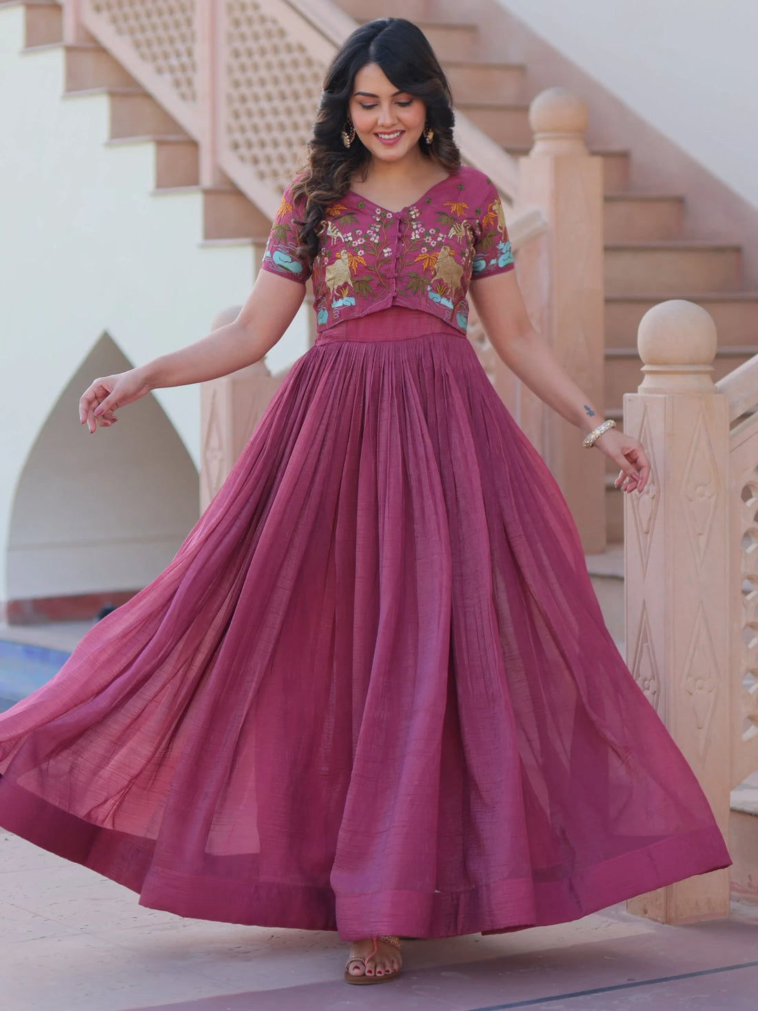 Floaty Wine Multi Thread Work Organza Festive Wear Gown With Koti - Zeel Clothing