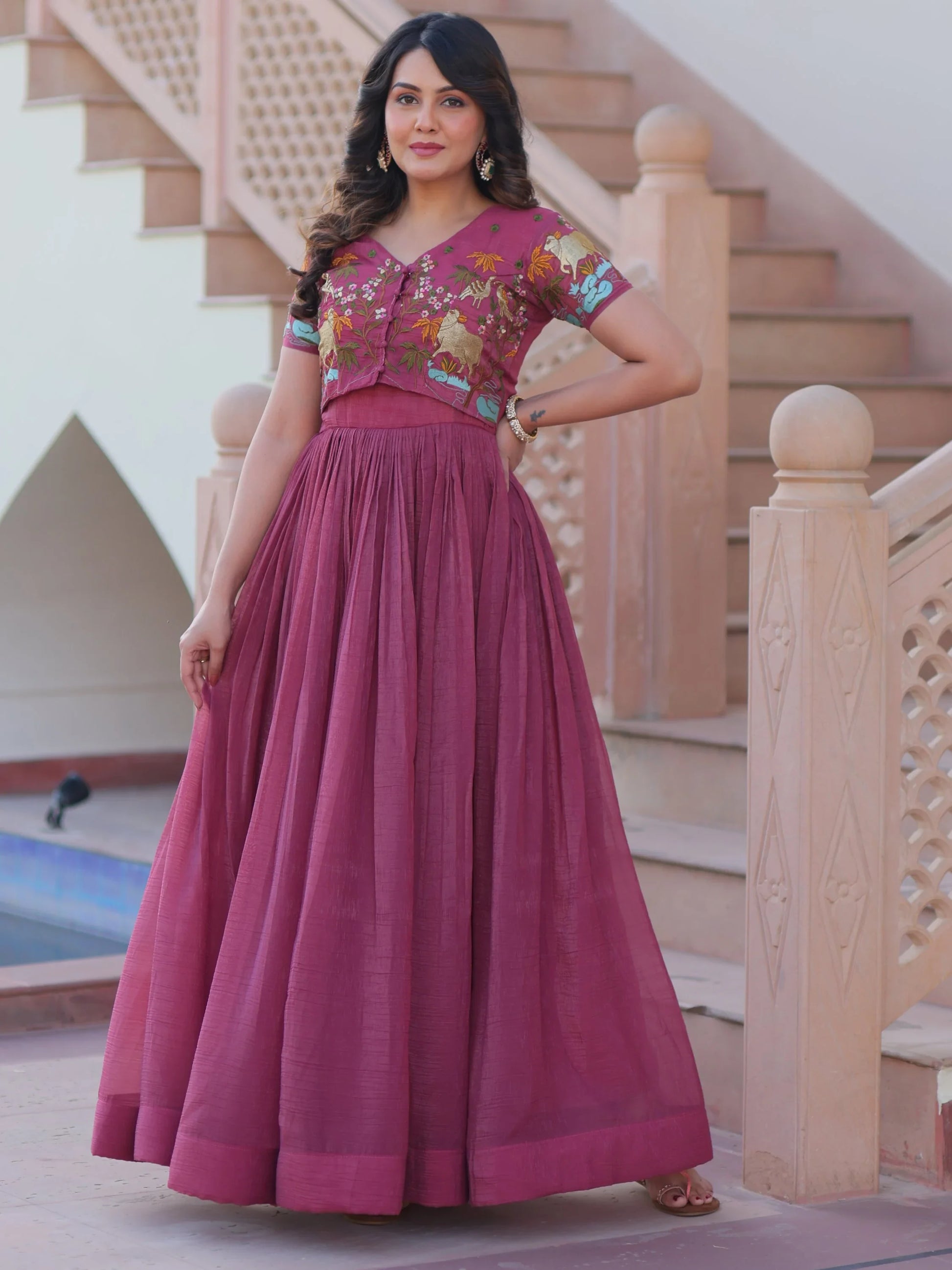 Floaty Wine Multi Thread Work Organza Festive Wear Gown With Koti - Zeel Clothing