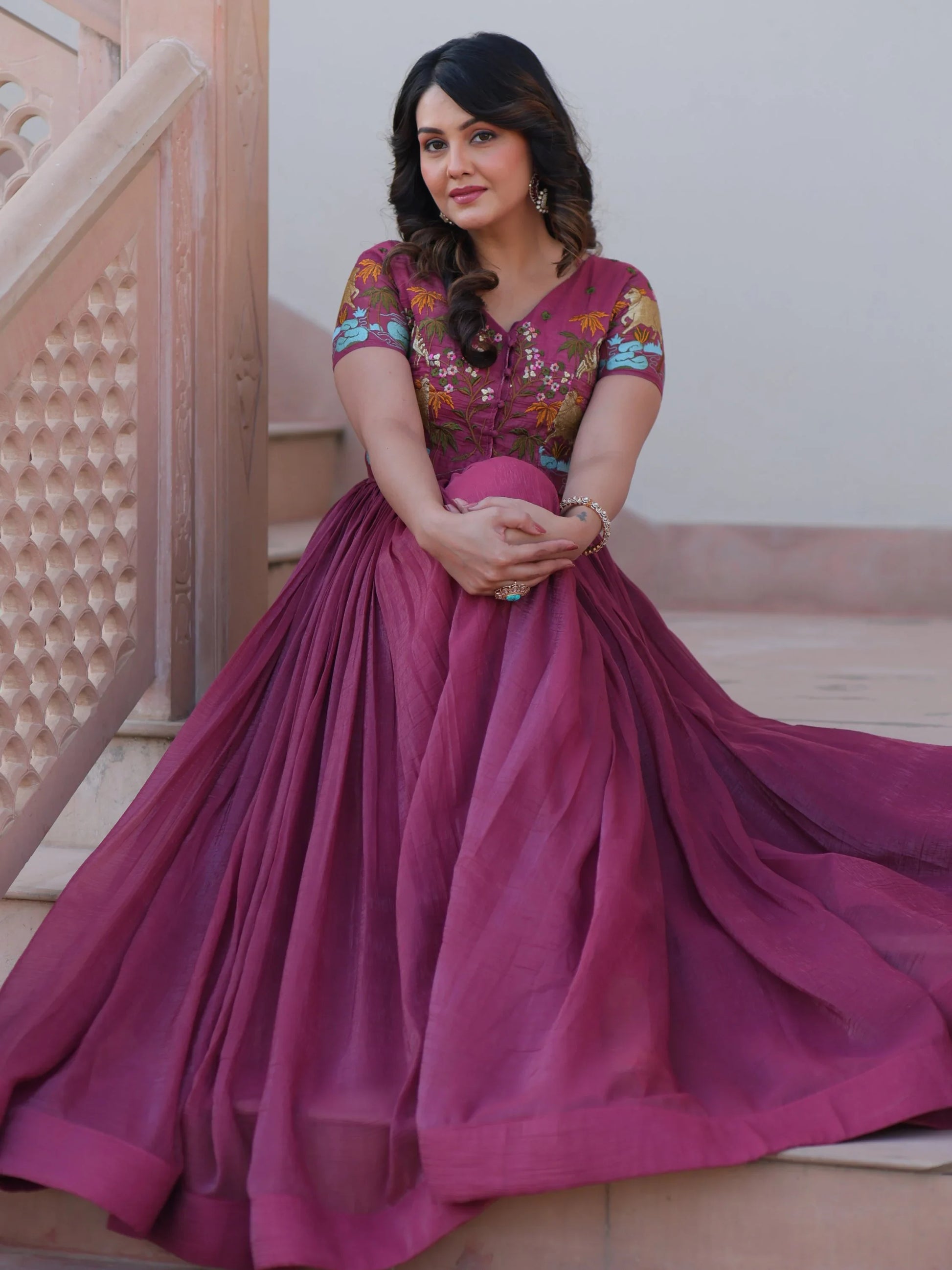 Floaty Wine Multi Thread Work Organza Festive Wear Gown With Koti - Zeel Clothing