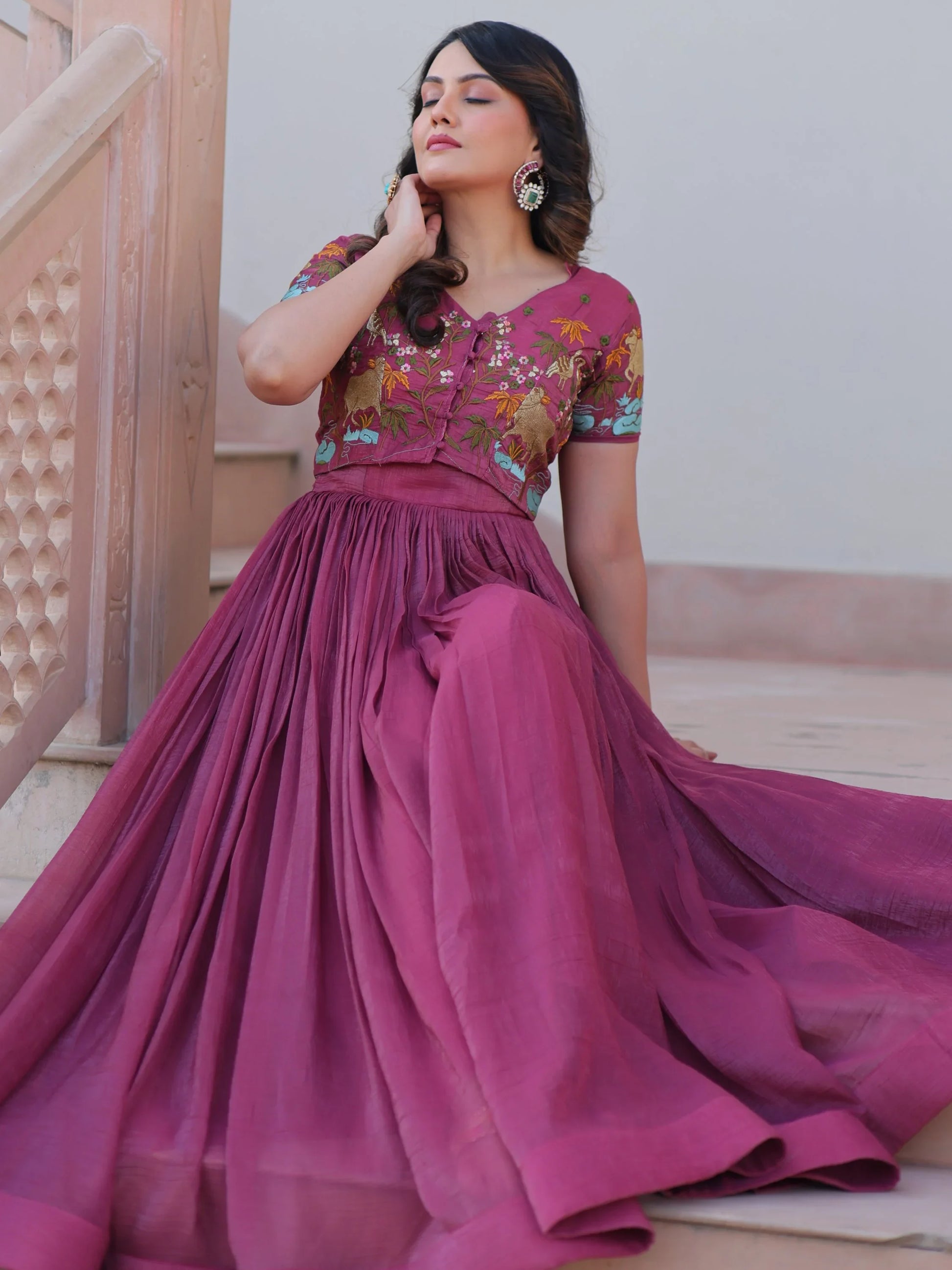 Floaty Wine Multi Thread Work Organza Festive Wear Gown With Koti - Zeel Clothing