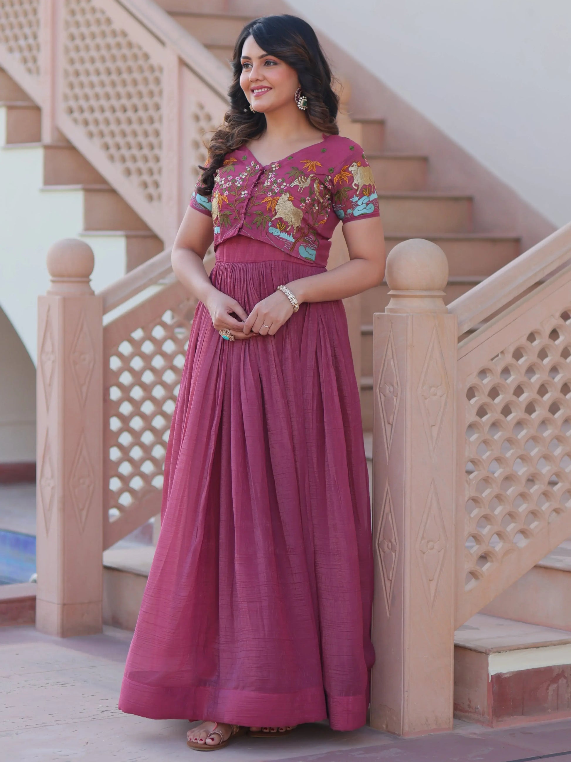 Floaty Wine Multi Thread Work Organza Festive Wear Gown With Koti - Zeel Clothing