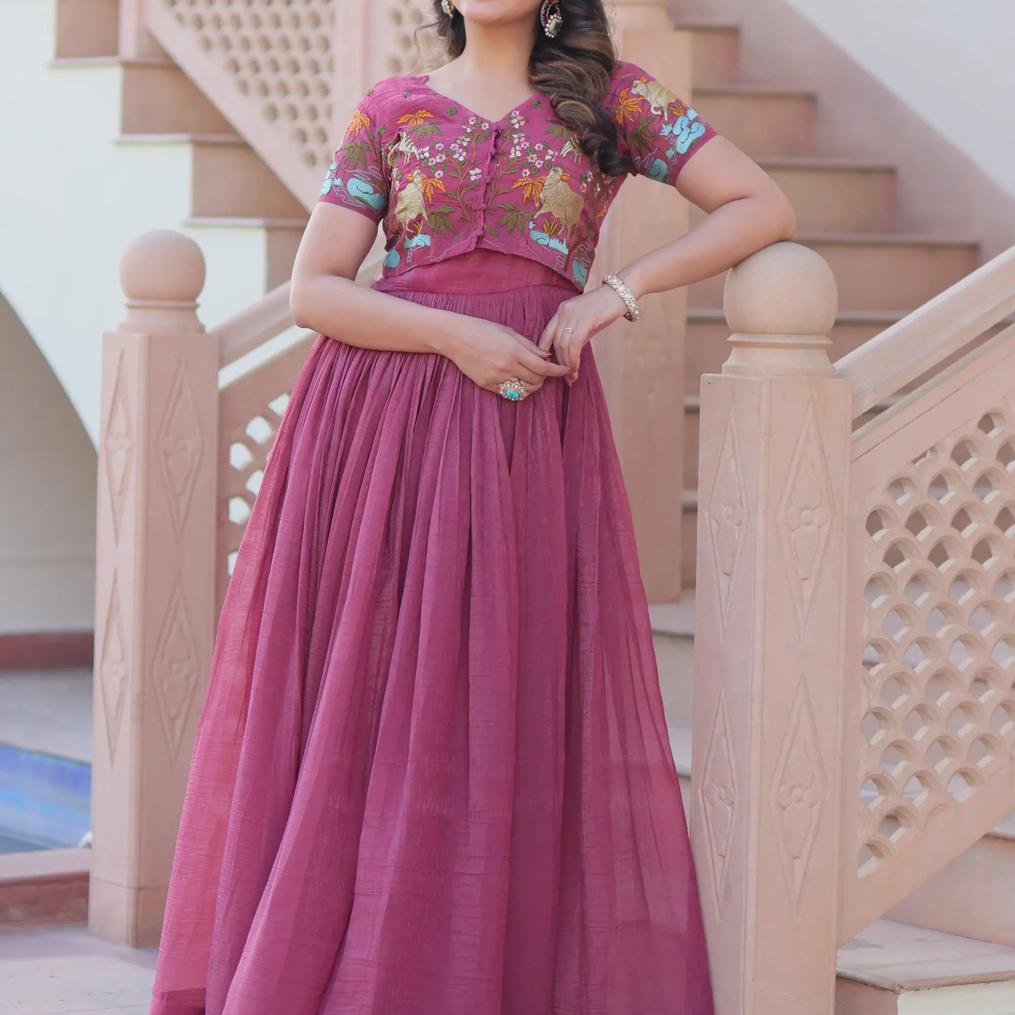 Floaty Wine Multi Thread Work Organza Festive Wear Gown With Koti - Zeel Clothing
