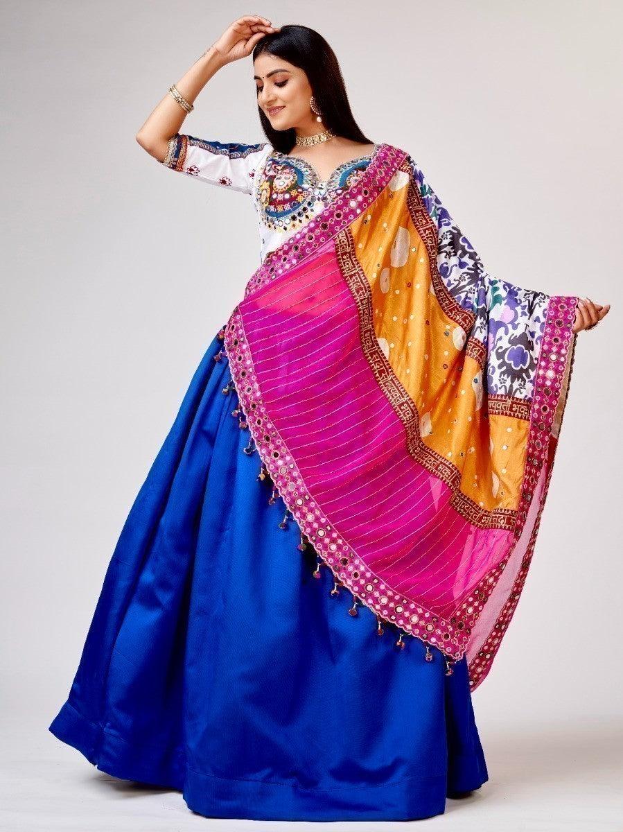 Beautiful Blue Mirror Work Silk Navratri Wear Lehenga Choli With Dupatta