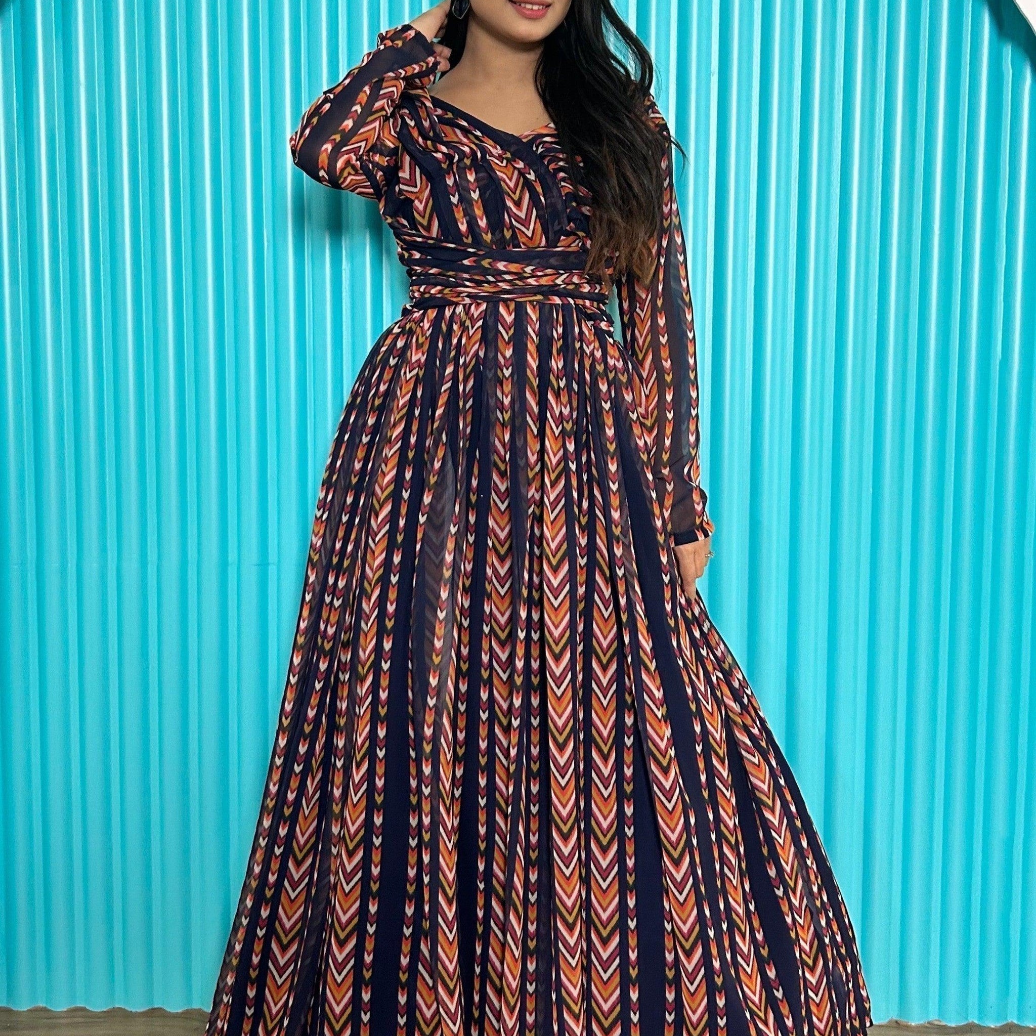 Alluring Navy-Blue & Orange Digital Printed Georgette Designer Gown