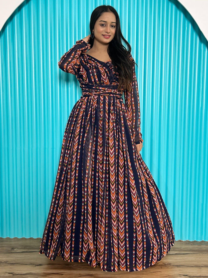 Alluring Navy-Blue & Orange Digital Printed Georgette Designer Gown