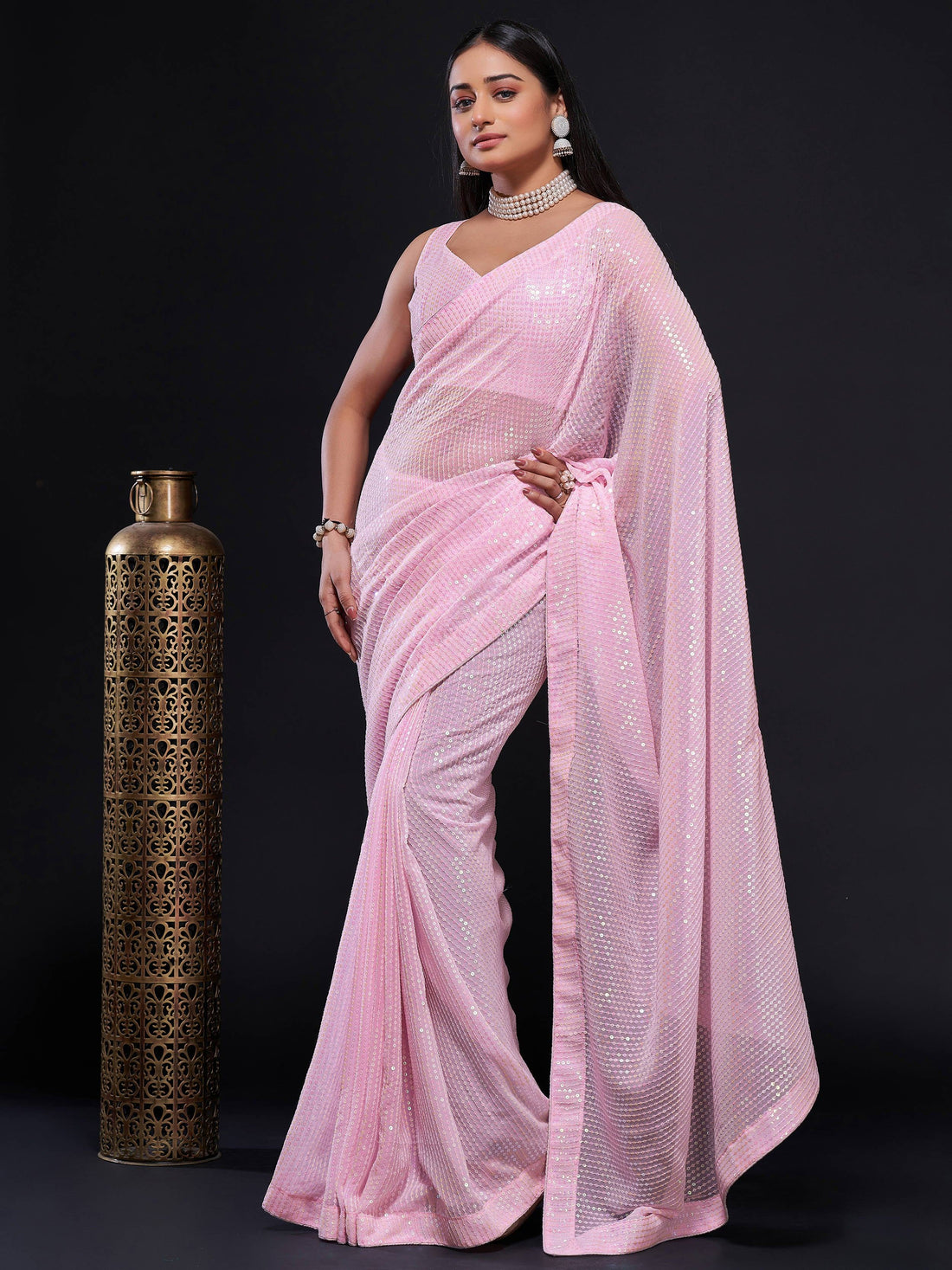 Glamorous Baby Pink Sequins Georgette Party Wear Saree With Blouse - Zeel Clothing