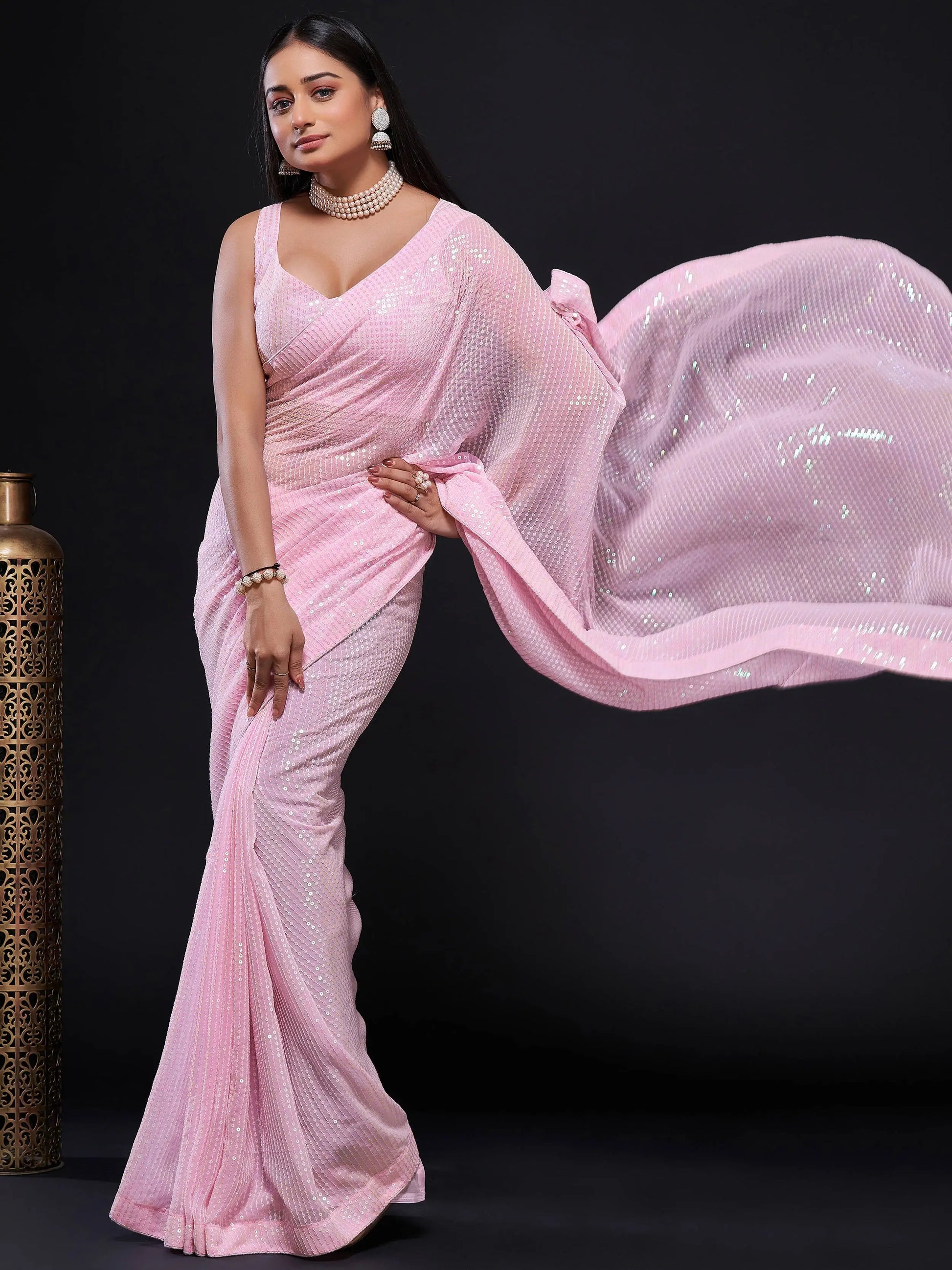 Glamorous Baby Pink Sequins Georgette Party Wear Saree With Blouse - Zeel Clothing