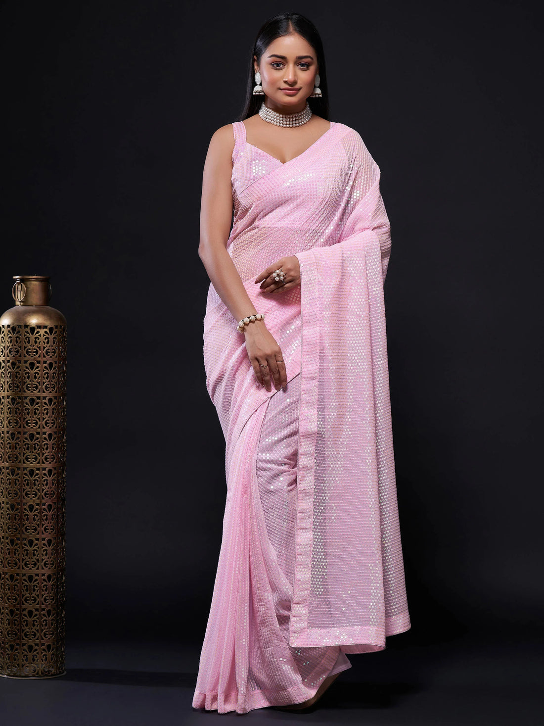 Glamorous Baby Pink Sequins Georgette Party Wear Saree With Blouse - Zeel Clothing