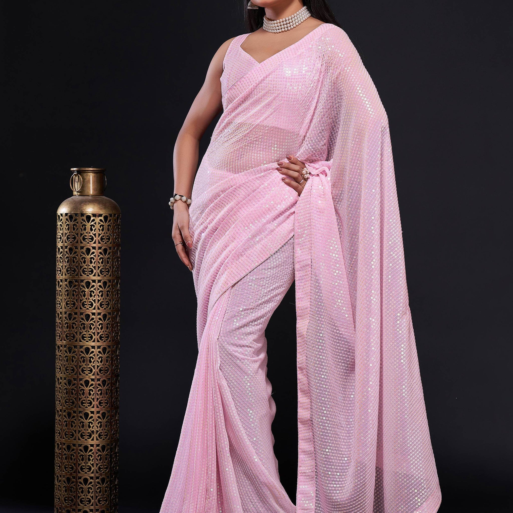 Glamorous Baby Pink Sequins Georgette Party Wear Saree With Blouse - Zeel Clothing