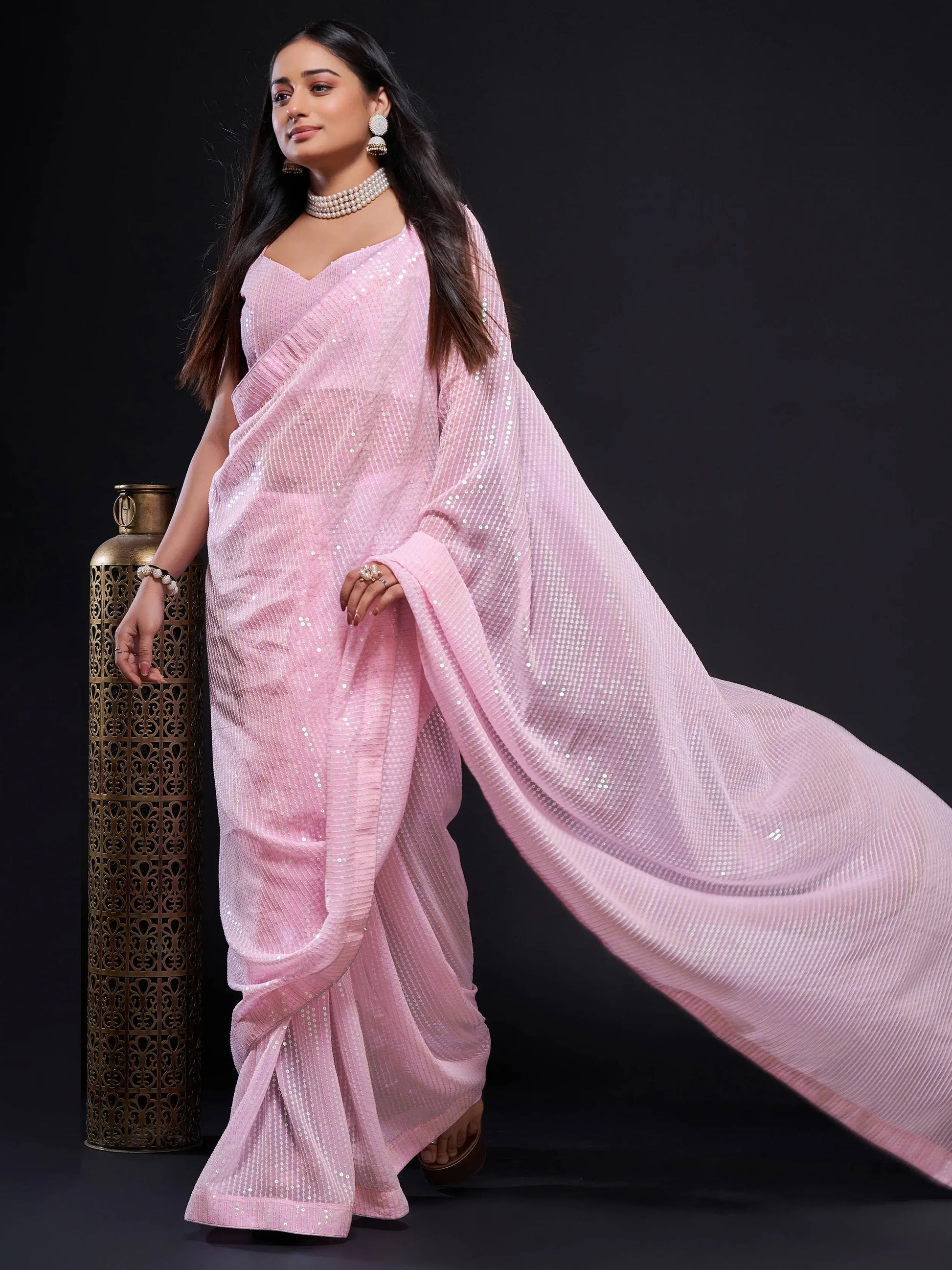 Glamorous Baby Pink Sequins Georgette Party Wear Saree With Blouse - Zeel Clothing