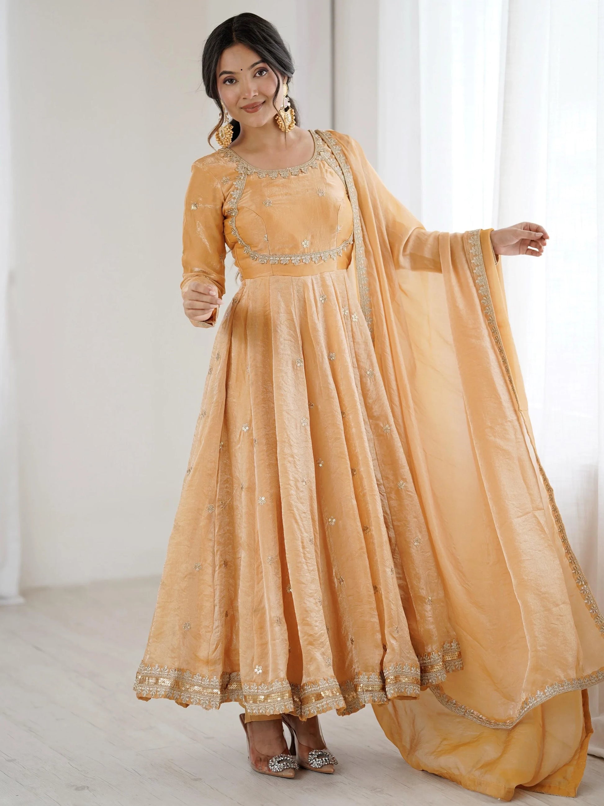 Glamorous Beige Coding Embroidery Silk Wedding Wear Anarkali Gown With Dupatta