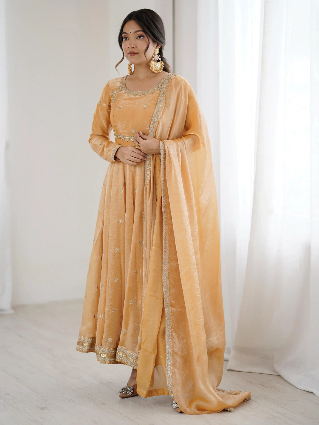 Glamorous Beige Coding Embroidery Silk Wedding Wear Anarkali Gown With Dupatta