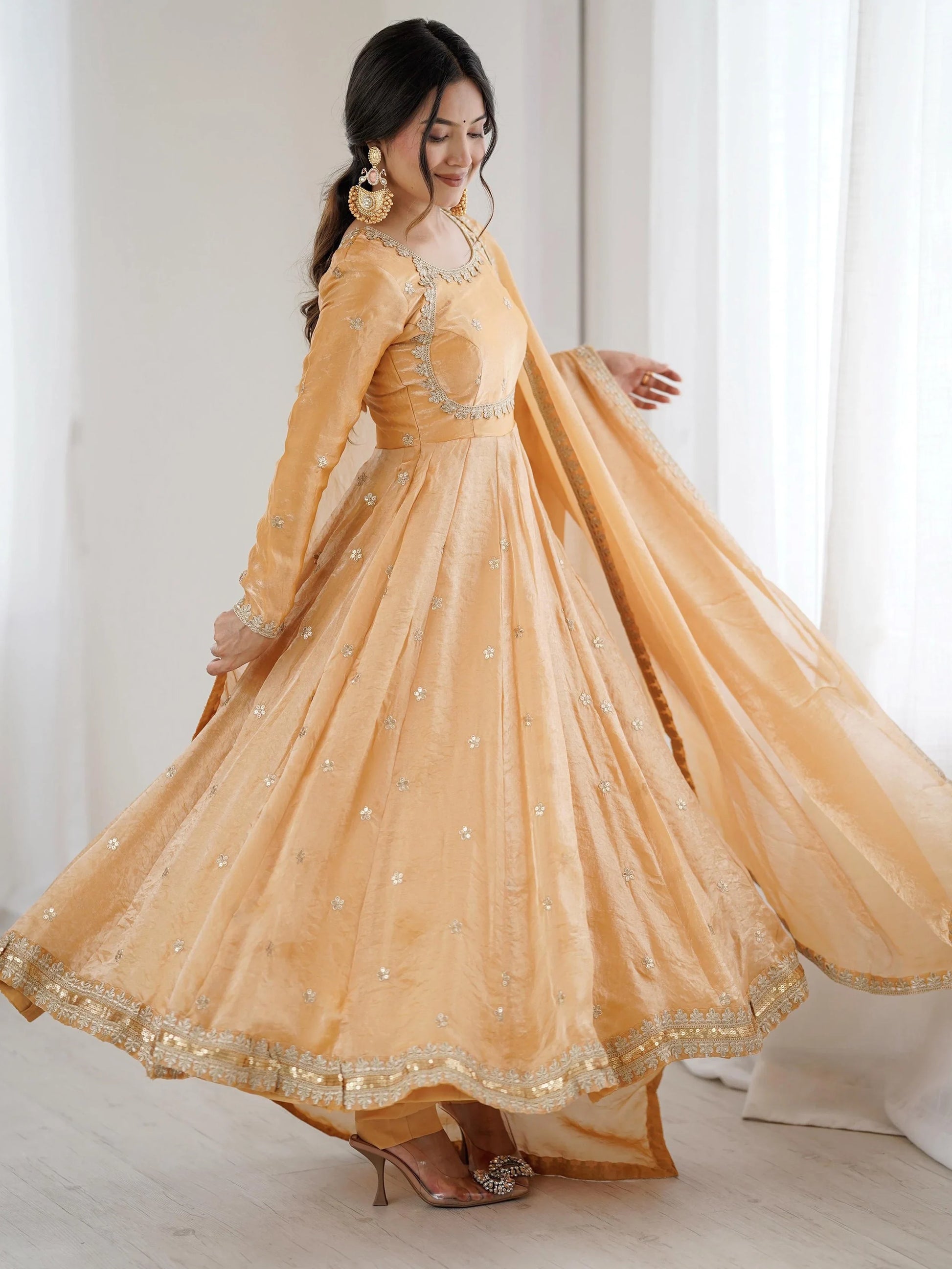 Glamorous Beige Coding Embroidery Silk Wedding Wear Anarkali Gown With Dupatta
