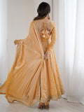 Glamorous Beige Coding Embroidery Silk Wedding Wear Anarkali Gown With Dupatta