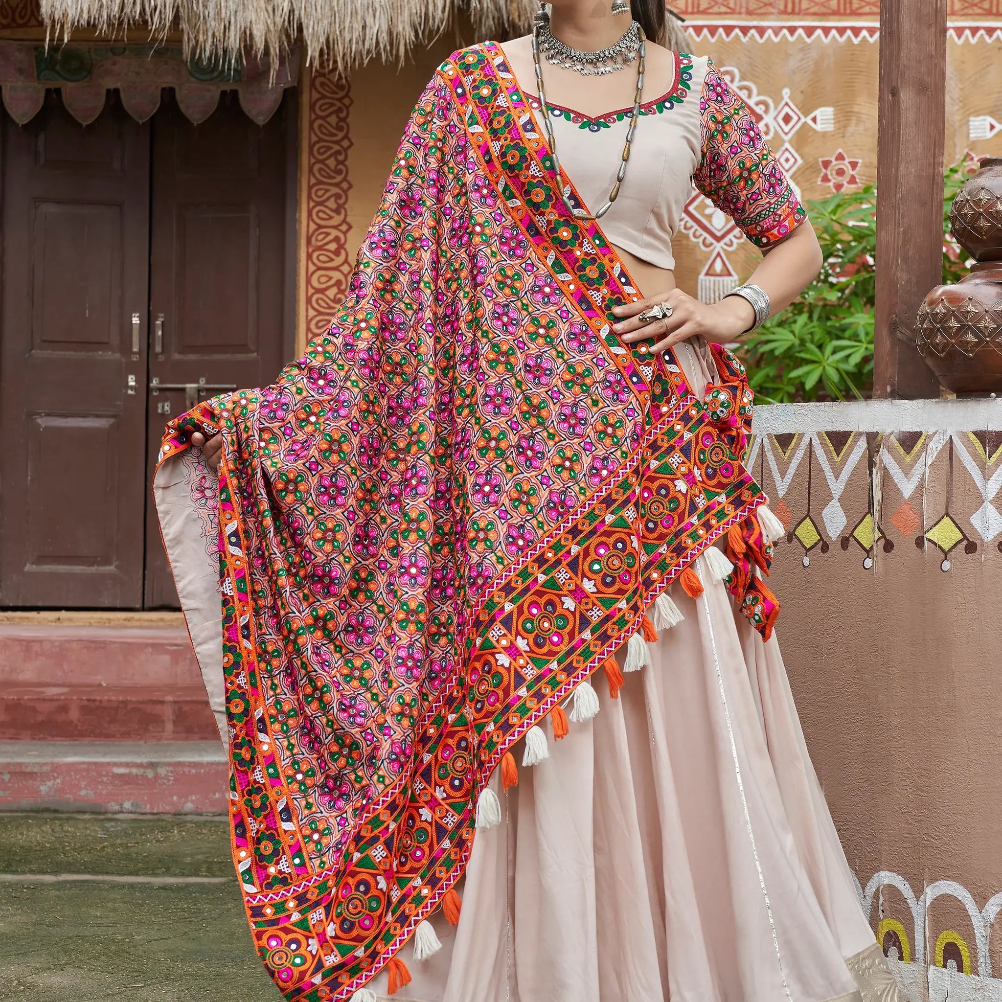 Glamorous Beige Rayon Navratri Wear Lehenga Choli With Dupatta - Zeel Clothing