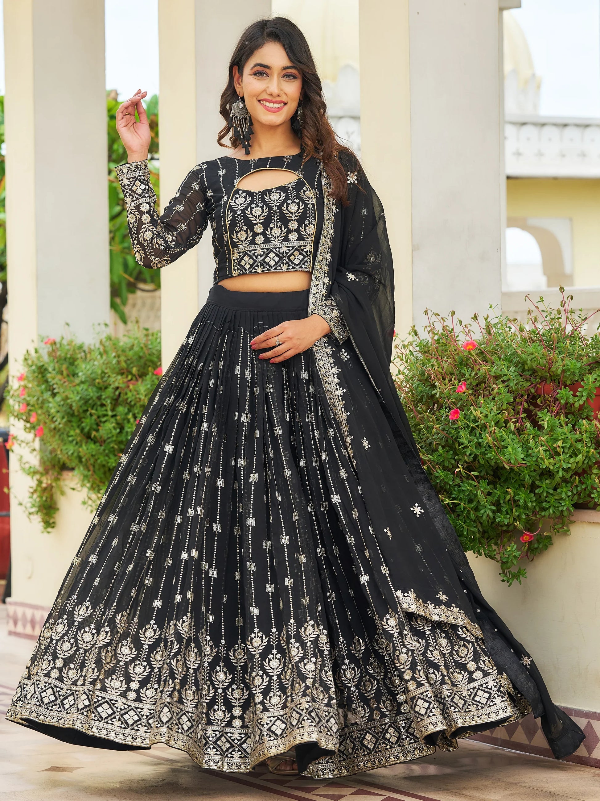 Glamorous Black Embroidered Georgette Reception Wear Lehenga Choli - Zeel Clothing