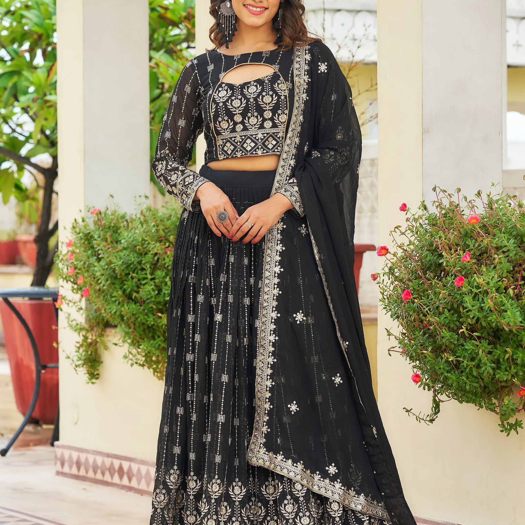Glamorous Black Embroidered Georgette Reception Wear Lehenga Choli - Zeel Clothing