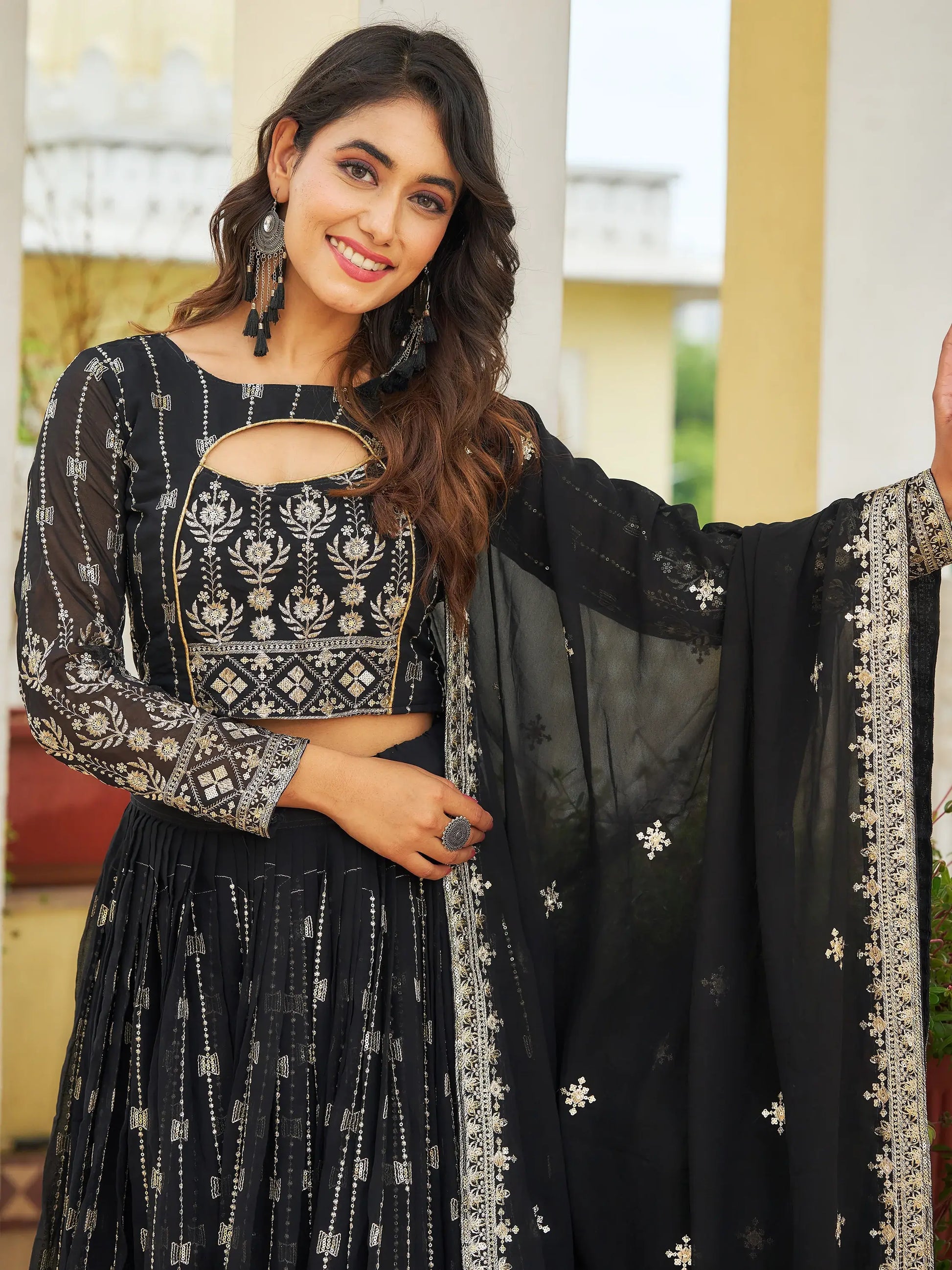 Glamorous Black Embroidered Georgette Reception Wear Lehenga Choli - Zeel Clothing