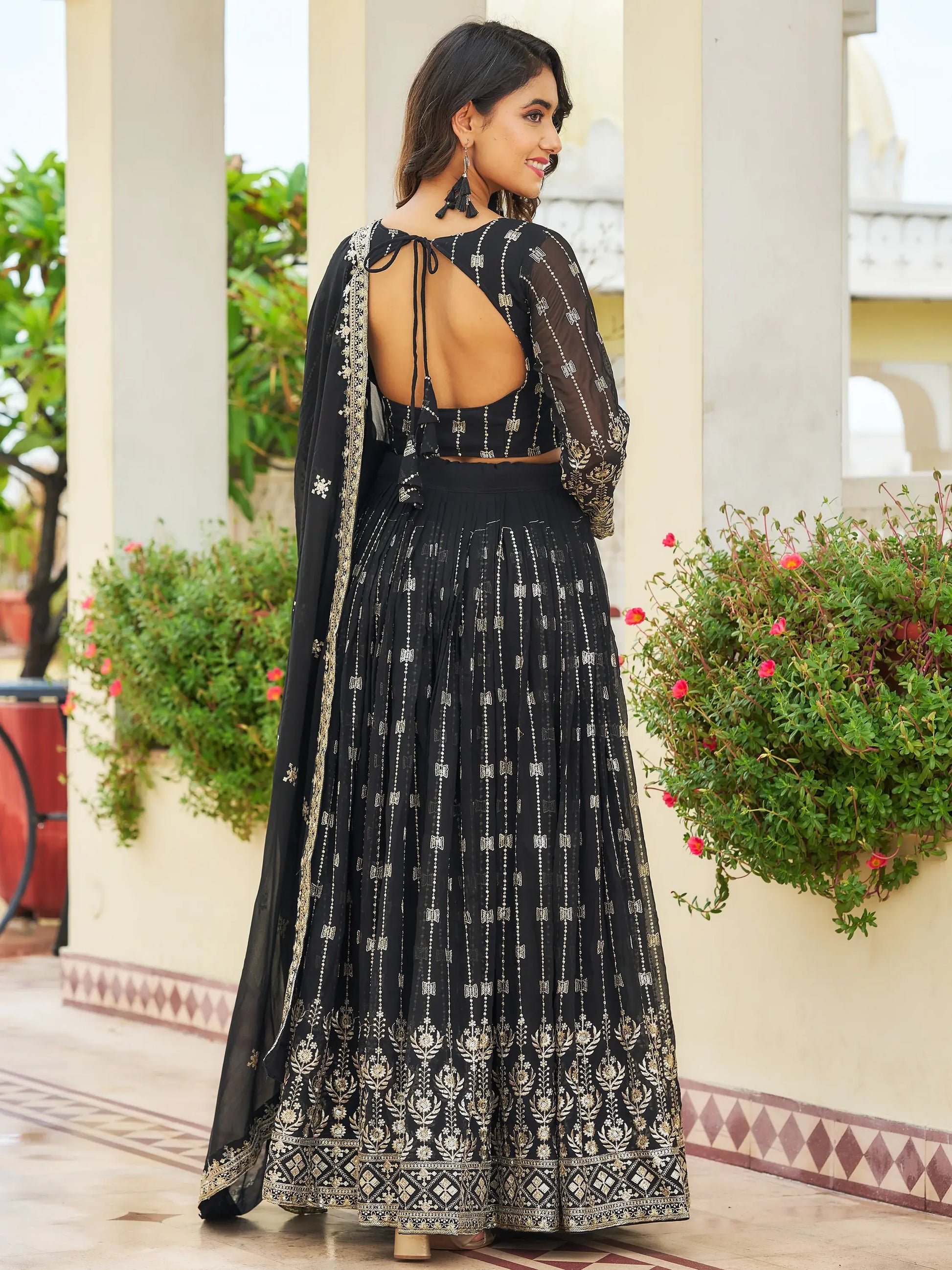 Glamorous Black Embroidered Georgette Reception Wear Lehenga Choli - Zeel Clothing