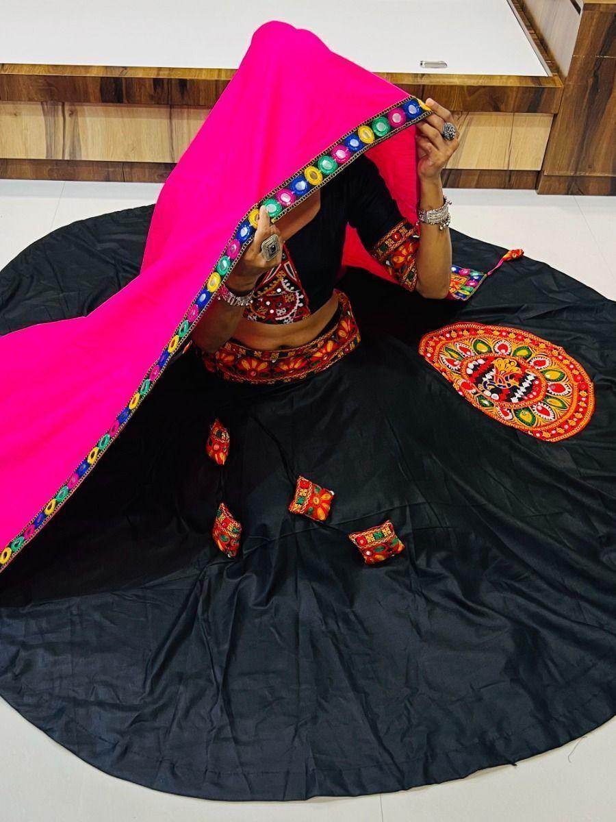 Glamorous Black Gamthi Work Cotton Navratri Lehenga Choli With Dupatta - Zeel Clothing