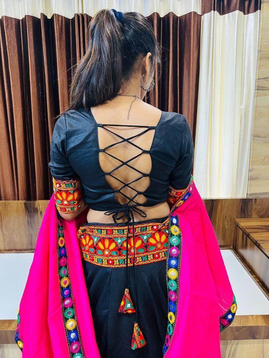 Glamorous Black Gamthi Work Cotton Navratri Lehenga Choli With Dupatta - Zeel Clothing