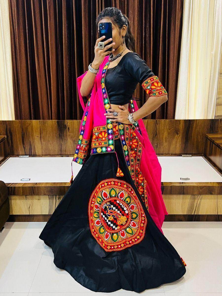Glamorous Black Gamthi Work Cotton Navratri Lehenga Choli With Dupatta - Zeel Clothing