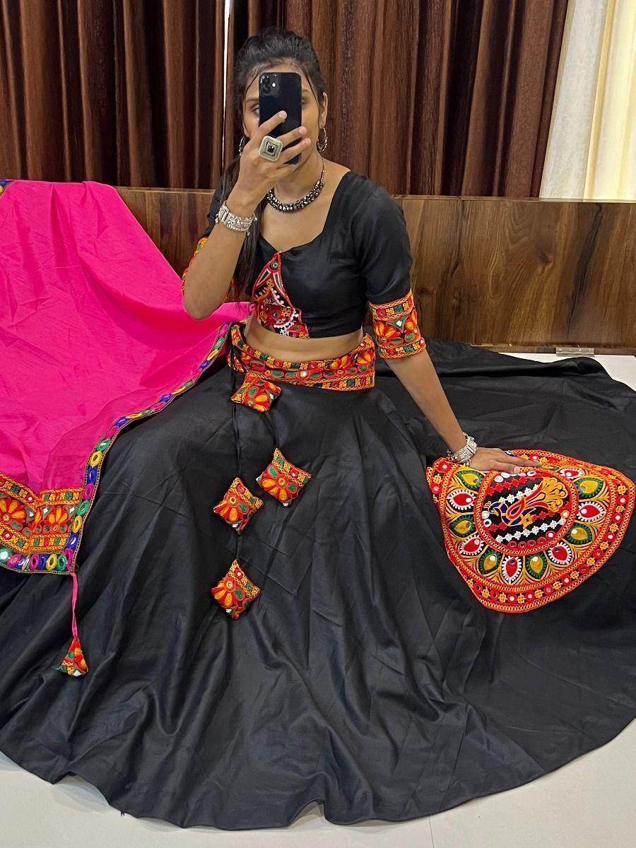 Glamorous Black Gamthi Work Cotton Navratri Lehenga Choli With Dupatta - Zeel Clothing