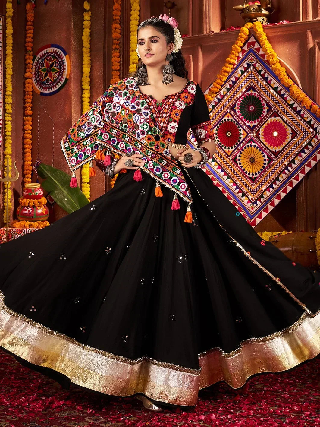 Glamorous Black Mirror Work Cotton Lehenga Choli With Dupatta - Zeel Clothing