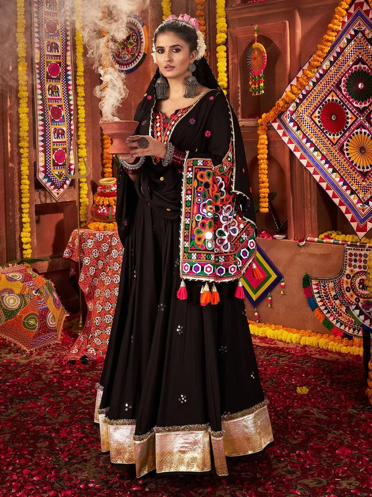 Glamorous Black Mirror Work Cotton Lehenga Choli With Dupatta - Zeel Clothing