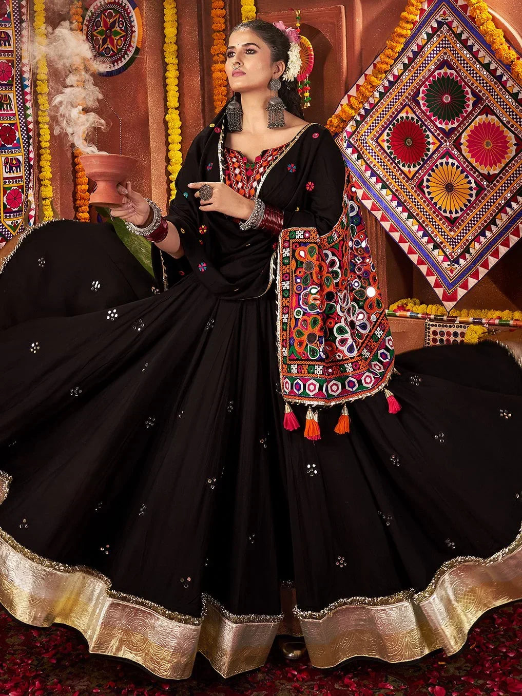 Glamorous Black Mirror Work Cotton Lehenga Choli With Dupatta - Zeel Clothing