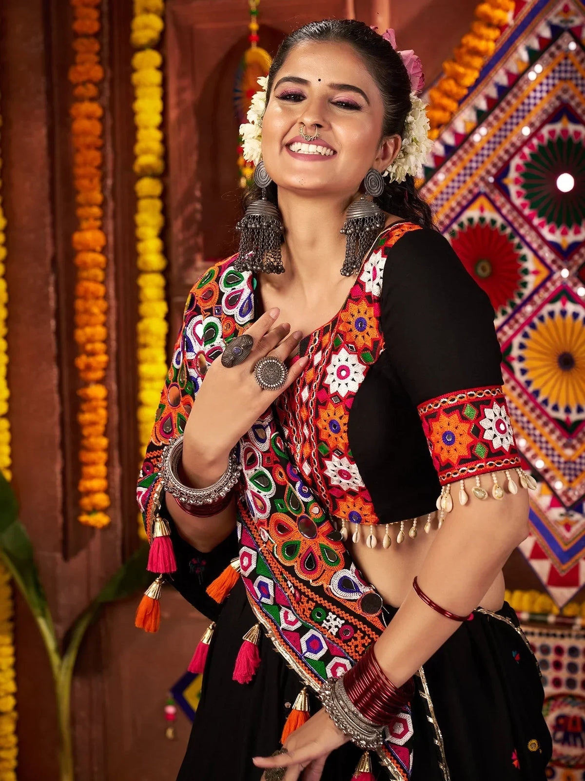 Glamorous Black Mirror Work Cotton Lehenga Choli With Dupatta - Zeel Clothing