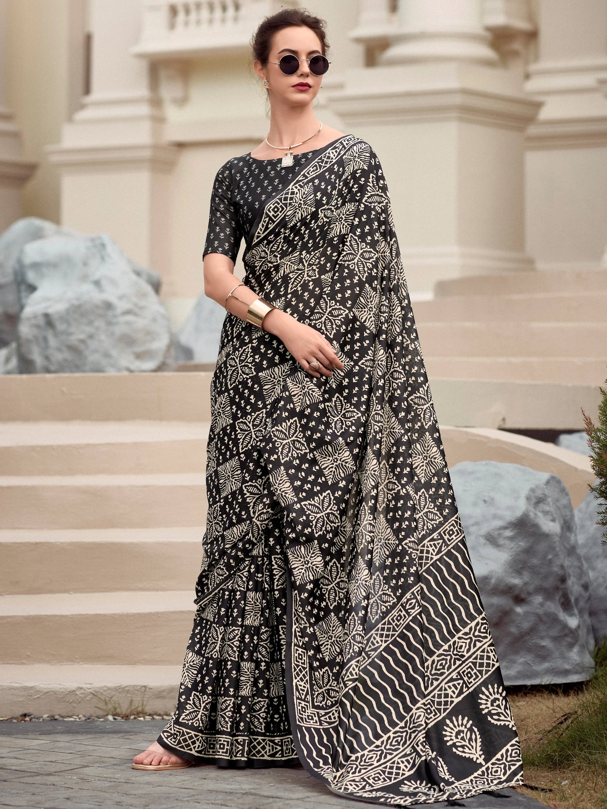 Glamorous Black Printed Silk Event Wear Saree With Blouse - Zeel Clothing
